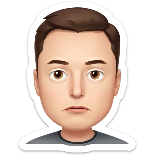 AA photorealistic 3d render of Elon Musk's head, no neck or body, slightly turned right, with a concerned expression. Highly detailed, realistic features. Transparent background sticker