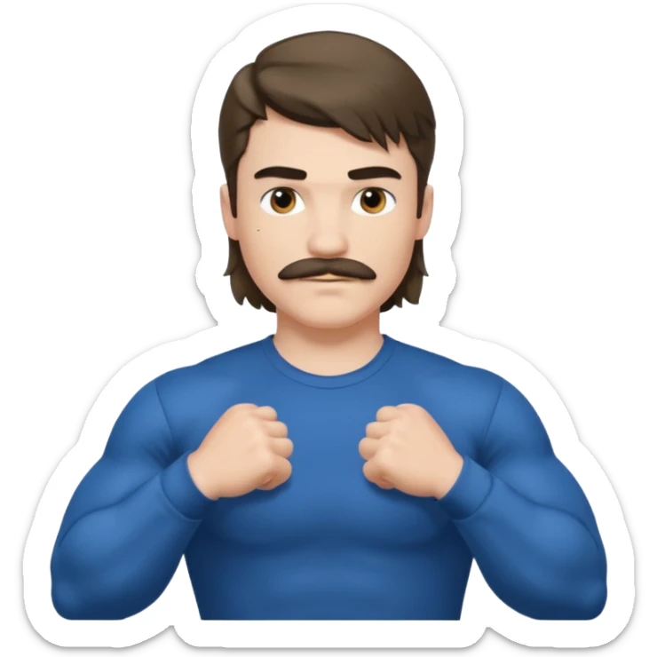 generate an ios genmoji of a 20 year old boy with shoulder length hair and a mullet. cop mustache. BIG biceps and wearing a full sleeve tshirt that fits his biceps sticker