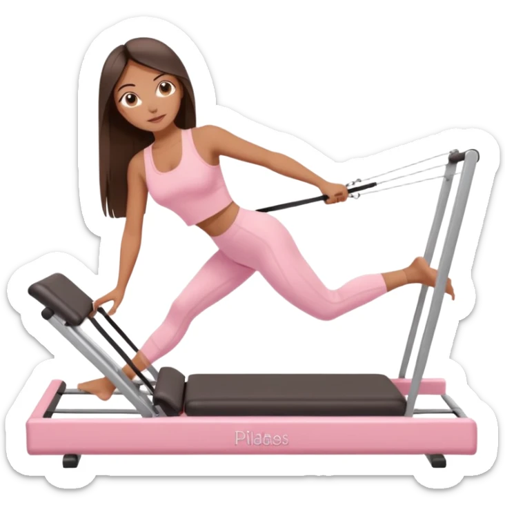 a girl doing reformer pilates, she is wearing a pastel pink fit and she has dark straight and loose hair.  sticker