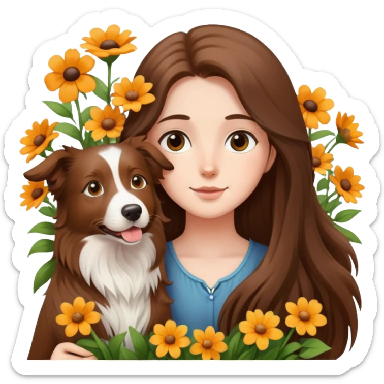 A long-haired girl is holding a brown Border Collie in the flowers sticker