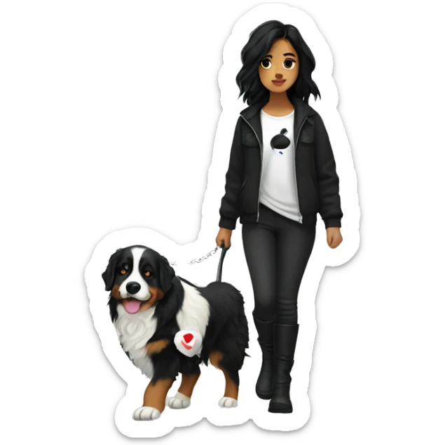 Girl with black hair and tattoos in black dress and black boots walking a Bernese mountain dog  sticker