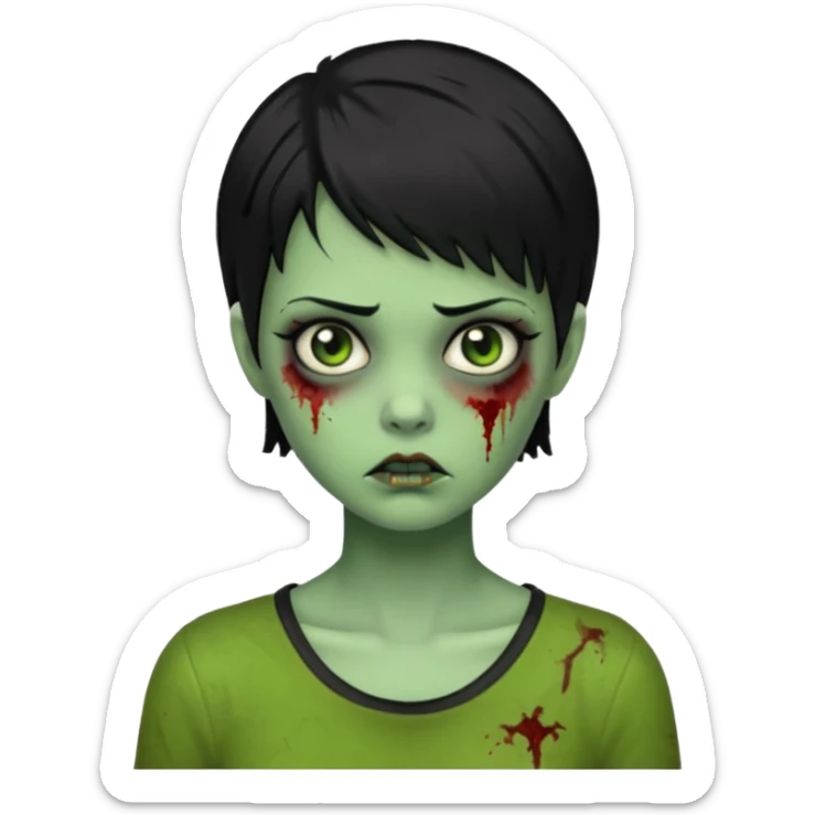 Emoji zombie girl verde com cabelo preto curto com uma expressão impassivel sticker