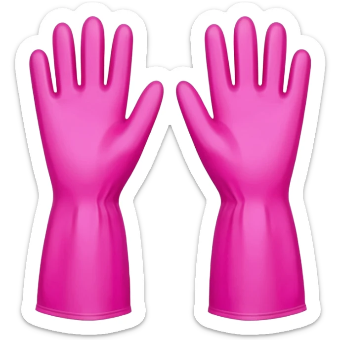 pair of bright rubber gloves with long cuffs and slightly curved fingers, suggesting flexibility and grip, vibrant pink color, soft matte finish, gentle creases indicating use, no sponge, soap, or sink, soft lighting, subtle shadows, emoji scale sticker