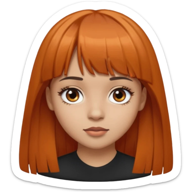 Light skin girl, black to brown orange-ish hair, big brown eyes and medium straight hair with bangs above the eyebrow  sticker