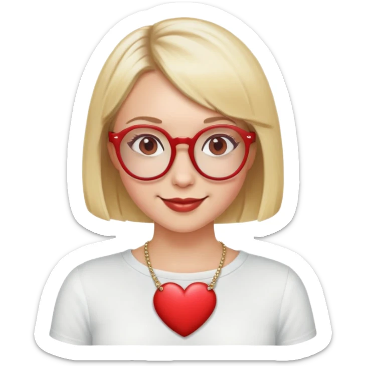 white girl head with short blonde bob hair, red round glasses, heart necklace, smiling sticker