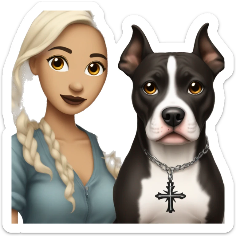 light skin woman with a tattoo of a small cross near her eye and long wavy black hair expressing joy alongide a white and brown pitbull sticker