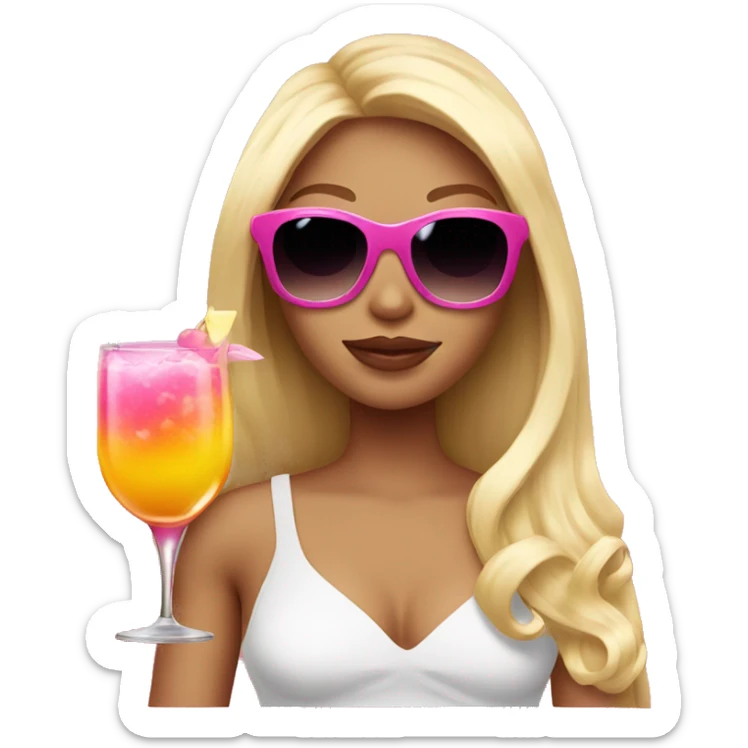 girl with long blond hair pink lips and sunglasses holding a cocktail  sticker