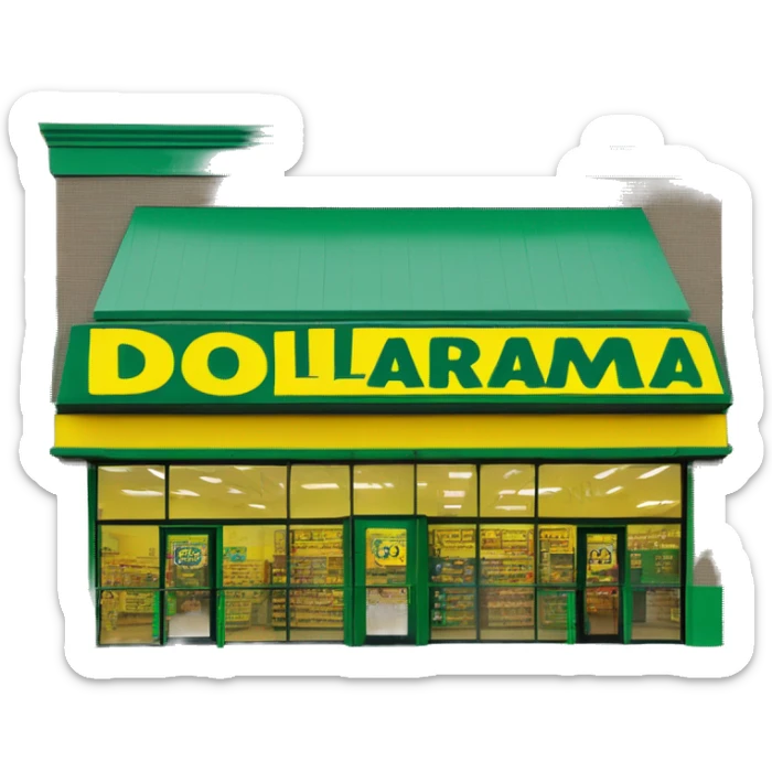 “Exterior of a Dollarama store with the bright green facade, bold yellow Dollarama sign, large front windows, and entrance doors, capturing the look of a budget-friendly retail store.” sticker