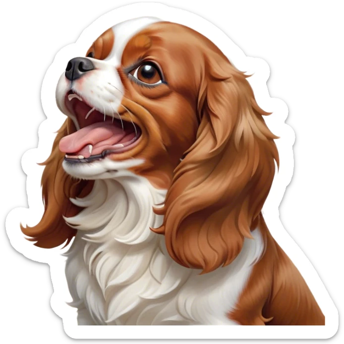 Cinematic Cute Yawning Blenheim Cavalier King Charles Spaniel Portrait Emoji, Head tilted slightly with a dramatic, wide-open yawn, soft Blenheim coat with delicate chestnut and white markings, floppy ears slightly drooping, round brown eyes barely open in drowsy contentment, Simplified yet irresistibly adorable features, highly detailed, glowing with a soft, cozy glow, high shine, relaxed yet expressive, stylized with a touch of whimsy, bright and endearing, soft glowing outline, capturing the essence of a sleepy yet affectionate companion, so drowsy it feels like it could stretch right out of the screen and curl up for a nap! sticker