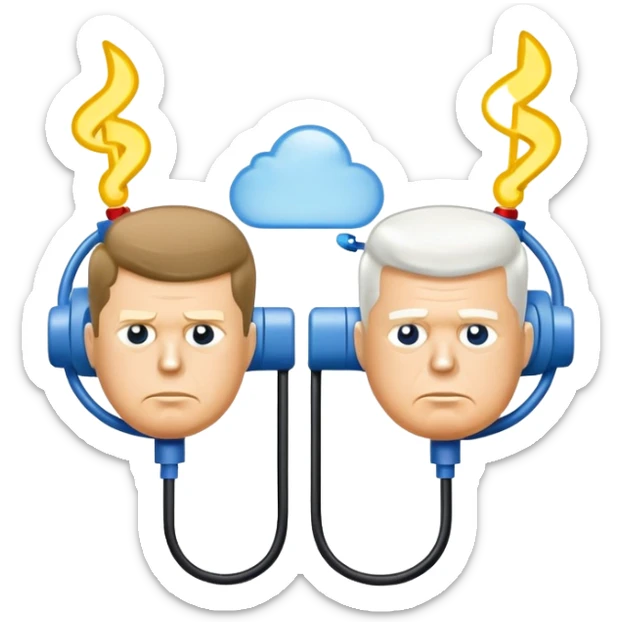 symbolic hot wire connecting Russia and USA with Russian and US flags at each end, glowing wire in the middle, cartoon faces of John F. Kennedy and Nikita Khrushchev on each side, tense Cold War atmosphere sticker