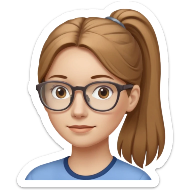 Thin pale white woman with long light brown hair in pony tail light brown glasses and grey eyes sticker