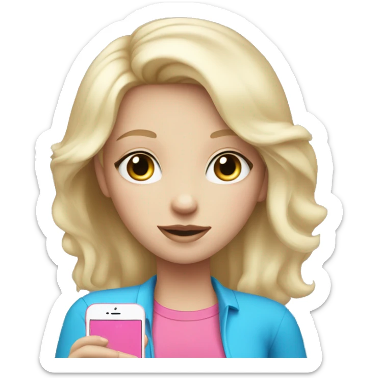 a white blond hair girl with blue eyes wearing a pink shirt holding a pink iphone  sticker