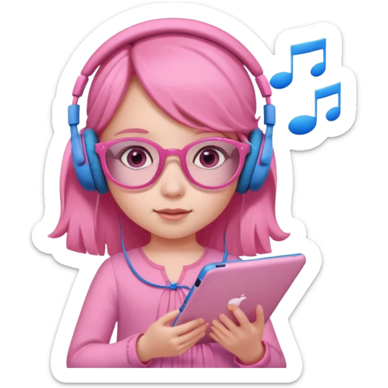 Little girl with headphones when pink eyes and pink iPad and pink dreamy background and rose colored glasses and blue music notes around her and pink dress sticker