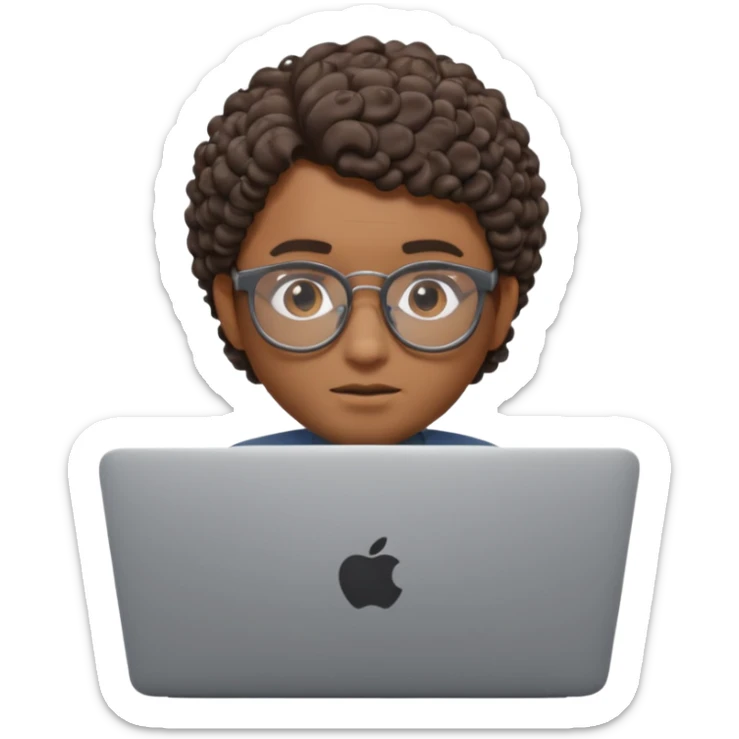 3D Apple Memoji–style emoji, brown-skinned male character, short curly hair, thick glasses, calm focused eyes, peeking over silver laptop, transparent PNG, 4K. sticker