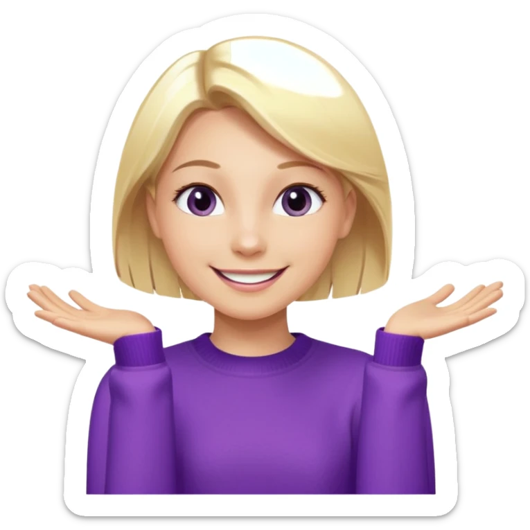 Emoji-style illustration of a joyful young woman, smooth, shiny, perfectly styled blonde hair, wearing a purple sweater, smiling widely with eyes sparkling, expressing happiness and excitement, cartoonish, expressive, simple lines, flat colors, clear silhouette sticker