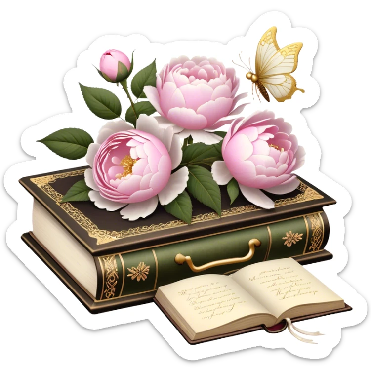 A vintage silk-bound poetry book, its cover embossed with golden floral motifs of pink roses and white peonies, resting on an antique writing desk with an ivory quill and a pearl butterfly sitting lightly on the book’s pages.
 sticker