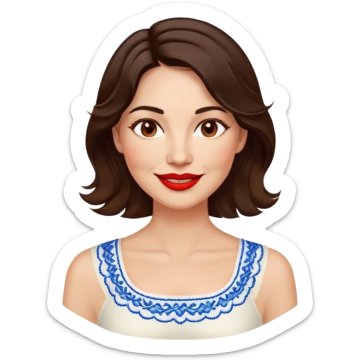 Confident 40-year-old woman with healthy glowing skin, round cheeks, warm smile, expressive light brown eyes, red lipstick, wavy dark brown shoulder-length hair, summery white top with blue embroidery and electric blue neckline sticker