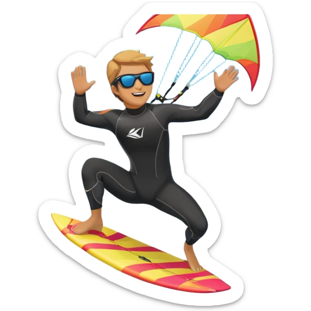 A vibrant kite soaring high in the sky, attached to a kiteboarder riding the waves below. The scene is filled with bright colors, capturing the energy of the sport. The background features the ocean, wind-blown waves, and a clear sky, showcasing the excitement and freedom of kiting. sticker