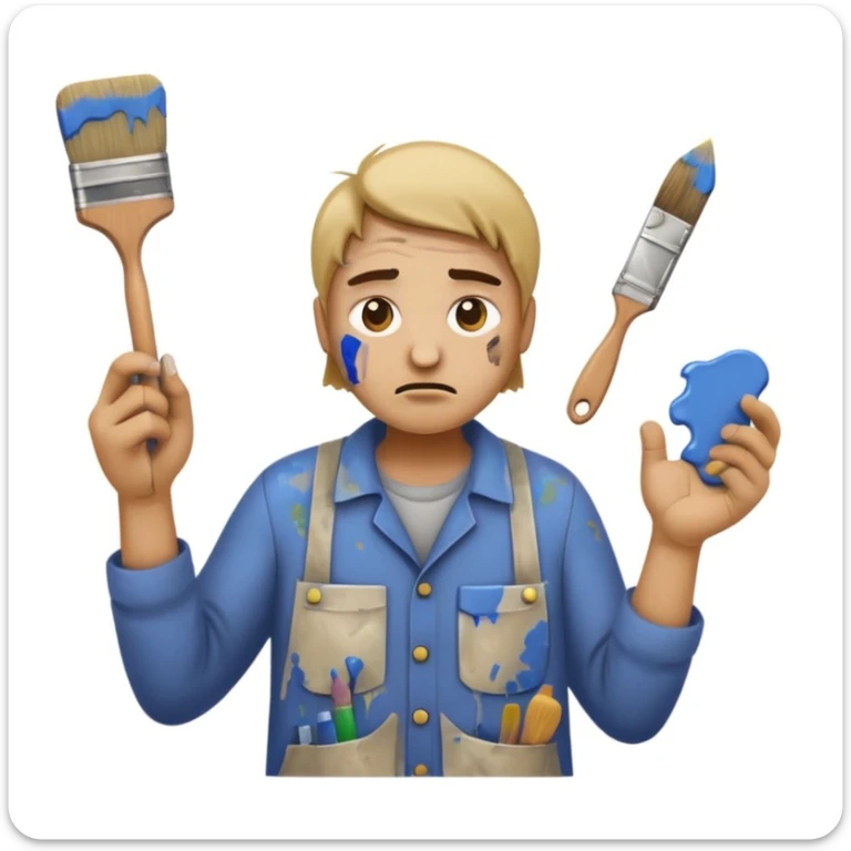 clumsy amateur house painter emoji wearing old dirty clothes with paint stains, no protective gear or hat, holding a broken paintbrush, looking confused or frustrated, paint splatters on face and hands, messy background sticker