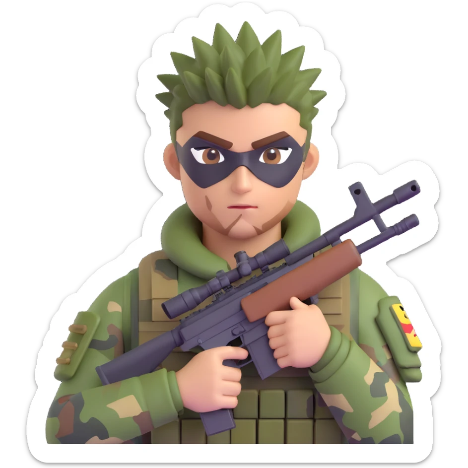 Add camouflage face paint to the muscular soldier, keep the spiky hair and sniper rifle, preserve 3D emoji style, no background. sticker