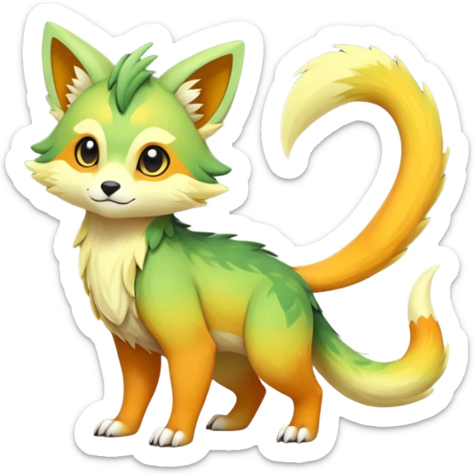 Rare realistic exotic warm-green warm-orange warm-yellows pastel gradients cute epic pretty beautiful handsome gorgeous aesthetic colorful vibrant Vernid-Trico-species-Fakemon-creature by LiLaiRa, 4 legs, 1 tail, random markings, (full body) sticker