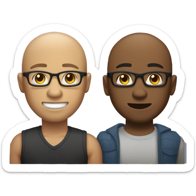 two gay male couple, one of them is a bald, light skin man, with muscled body, tall, with glasses, and the other one is shorter, with darker skin, also  muscled, with long hair in a ponytail, and hairy body sticker
