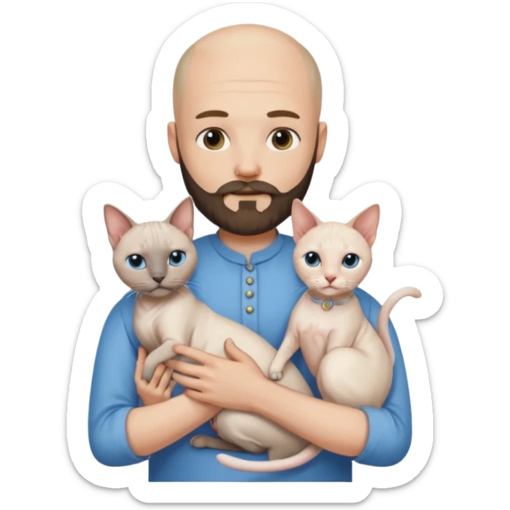 A couple, a man and a woman. The man, who is bald with a beard and wearing a blue shirt, is holding a Siamese cat in his arms. The woman, who has light hair and is wearing a white dress, is holding a white Sphynx cat in her arms sticker
