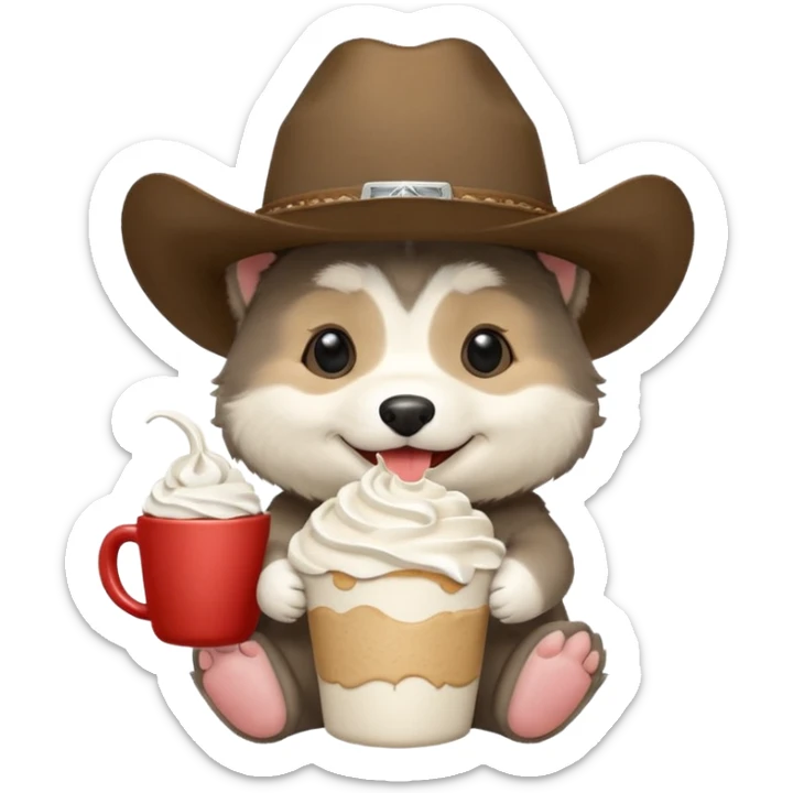 Agouti (more black, with cream, some tan) Malamute puppy wearing cowboy hat and smiling with cup of whipped cream sticker
