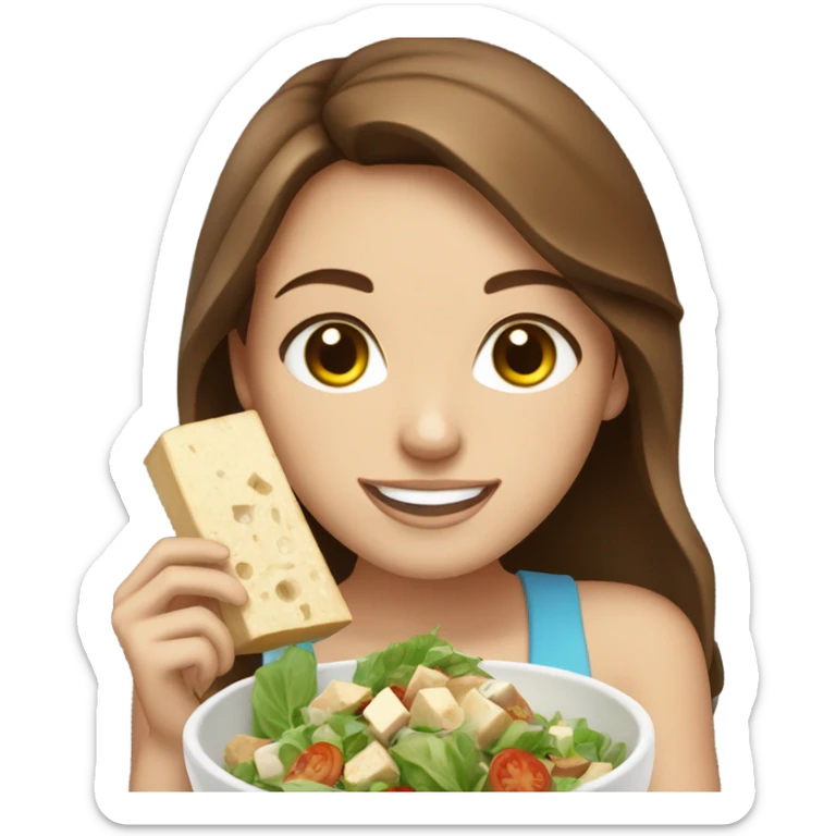 White girl Brown hair blue eyes freackles eating Tofu salad sticker