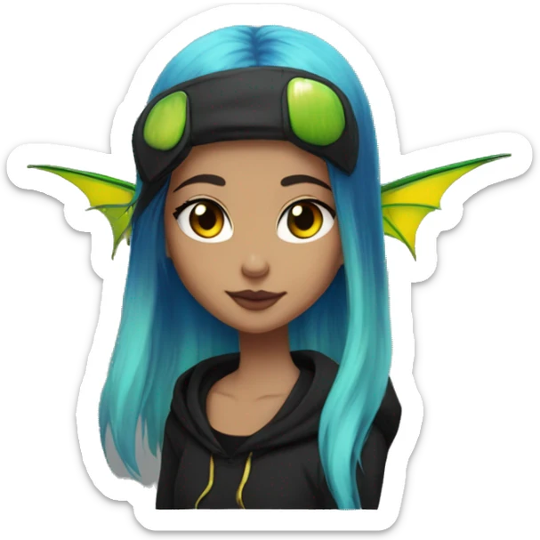 Lady with brunette and iridescent blue hair, gold, lime green dragon wings, black hoodie, bleach dyed, black and gold Nike t shirt, and bright red eyes sticker