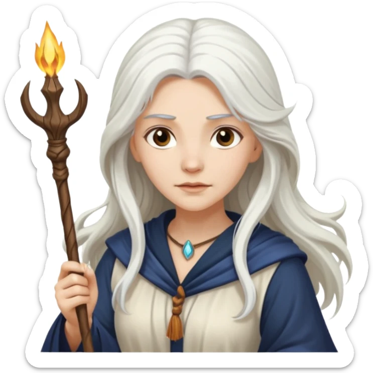 White Long Haired Women, Sorceress with staff — flowing white hair, calm face. sticker