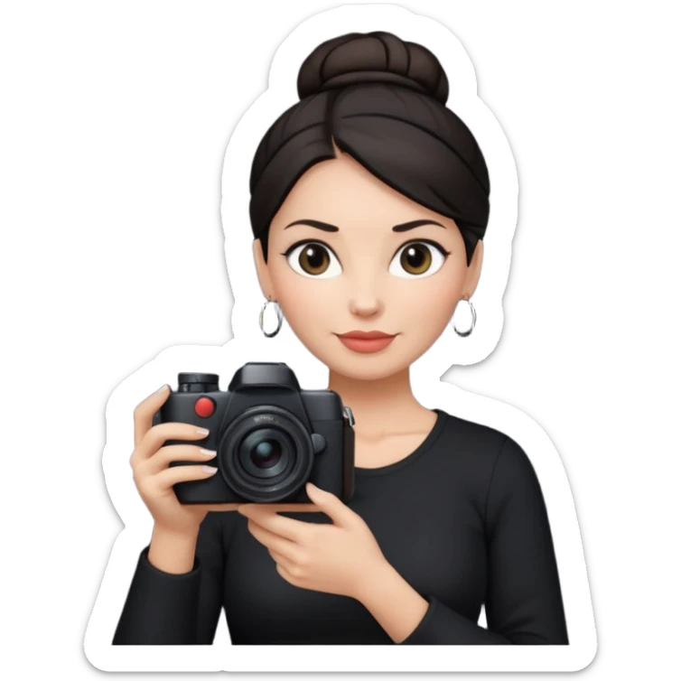 48 year old woman photographer with dark hair in a bun, wearing black clothes sticker