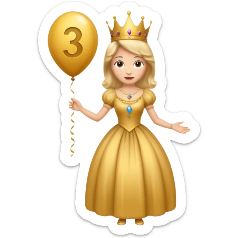 queen wearing dress, holding balloon in shape of number 3 sticker