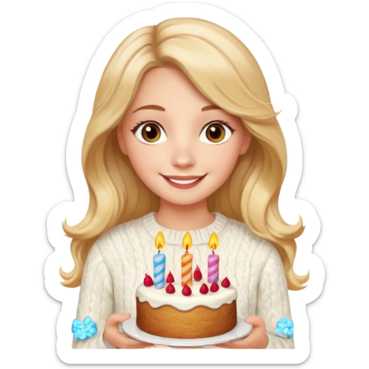 A pretty white girl with hazel brown eyes and long  down and blonde wavy hair in a cosy white knit sweater, she is celebrating her birthday and is happy sticker