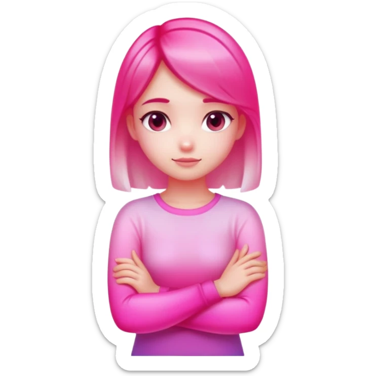 Shy girl character with arms crossed, transparent glass style, bright pink gradient, soft shadows and highlights, minimalist cute design sticker