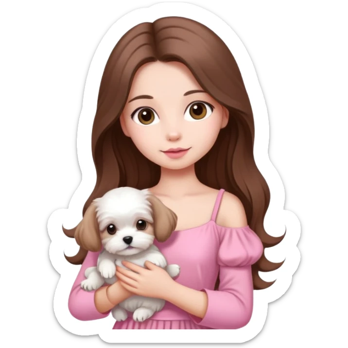 beautiful girl with long hair wearing pink dress holding a white Maltese puppy sticker