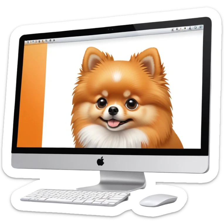 iMac monitor with a Pomeranian dog photo displayed on screen sticker