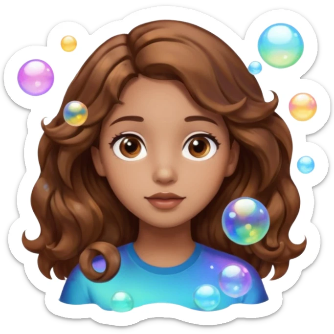 girl with brown wavy hair in a side part with big brown eyes looking off to the side with bubbles on both sides of her sticker