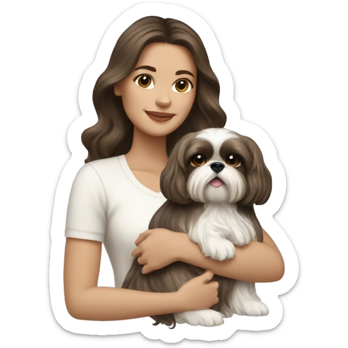 Young brunette hair woman with a cream shih tzu in her arms long wavy hair sticker