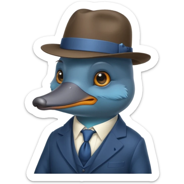 cute blue platypus with a detective hat and monocle on his eye, no  hands, looks like a platypus but blue, the hat and suit are not blue sticker