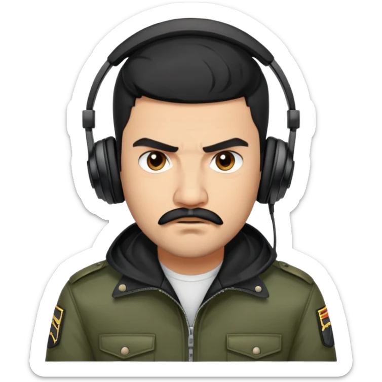 Cartoon avatar of a young latino man with very short black hair (military cut), trimmed beard only on the chin with mustache, wearing black jacket and headphones. Angry face. Semi-realistic, clean cartoon style, vivid colors, transparent background. sticker