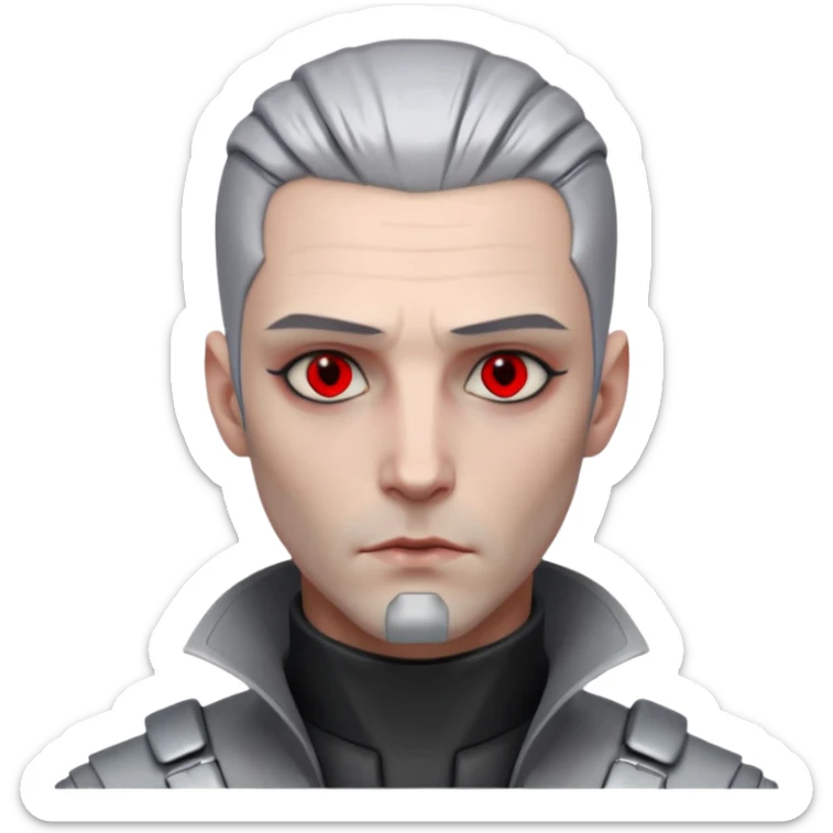 Cyberpunk man, grey slicked hair, silver metal thick  prosthetic jawline, red eyes, cold expression, clinical lighting sticker