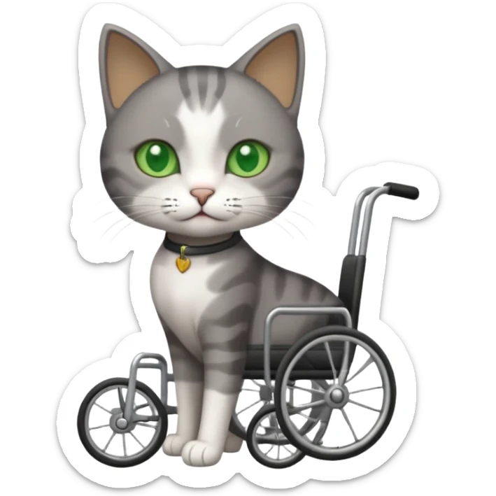 full body small short hair dark grey and white cat with green eyes walking in a wheelchair for cats sticker