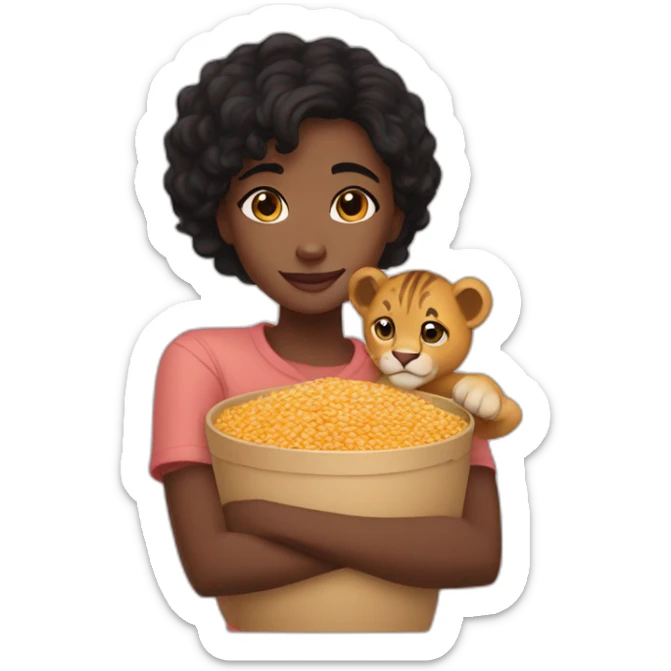 black girl, brown eyes, short black hair hugging a pack of Lion cereals sticker