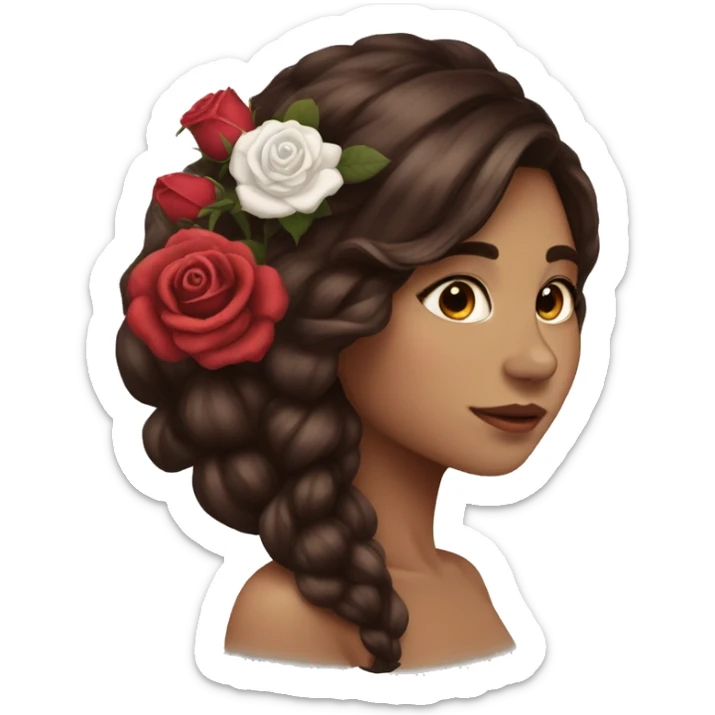 Beautiful, rose, red, flowers in hair, long dark brown hair, white fair skin sticker