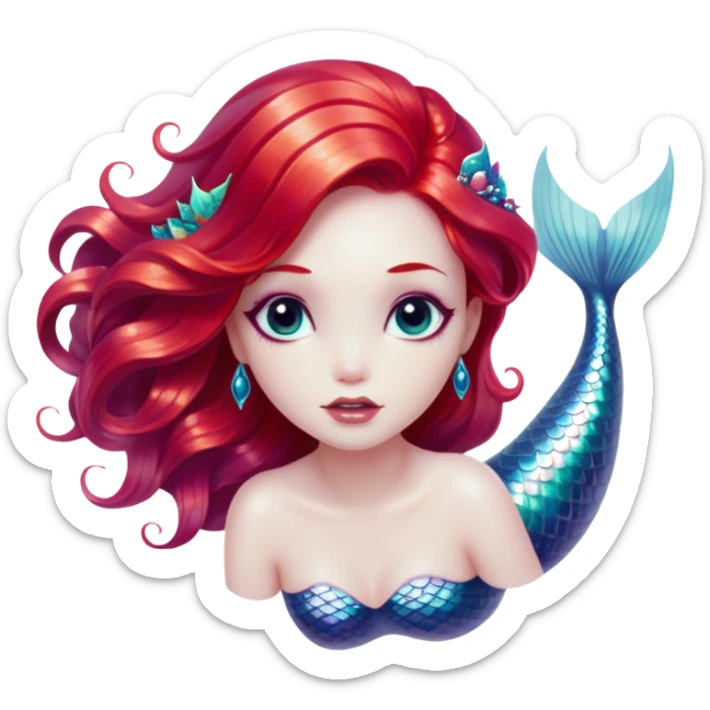 Cinematic Realistic Red Hair Mermaid Portrait, depicted with lifelike porcelain white skin that glows with an ethereal radiance, enhanced by soft underwater lighting. Her intricately detailed, flowing red hair cascades like liquid fire, framing deep, soulful eyes that mirror the mysteries of the deep sea. Accented by shimmering, iridescent scales and delicate aquatic embellishments, the portrait features an enchanting underwater glow that marries realism with mythic ocean elegance. sticker
