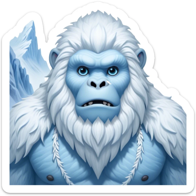 Cinematic Noble Yeti Portrait Emoji, Grand and enigmatic, with a towering, snow-dusted figure in pristine whites and cool blues, exuding ancient, mystical wisdom and stoic majesty, simplified yet exquisitely detailed with frosty textures, glowing with a gentle, icy outline that captures the awe-inspiring presence of a guardian of the frozen wilds! sticker