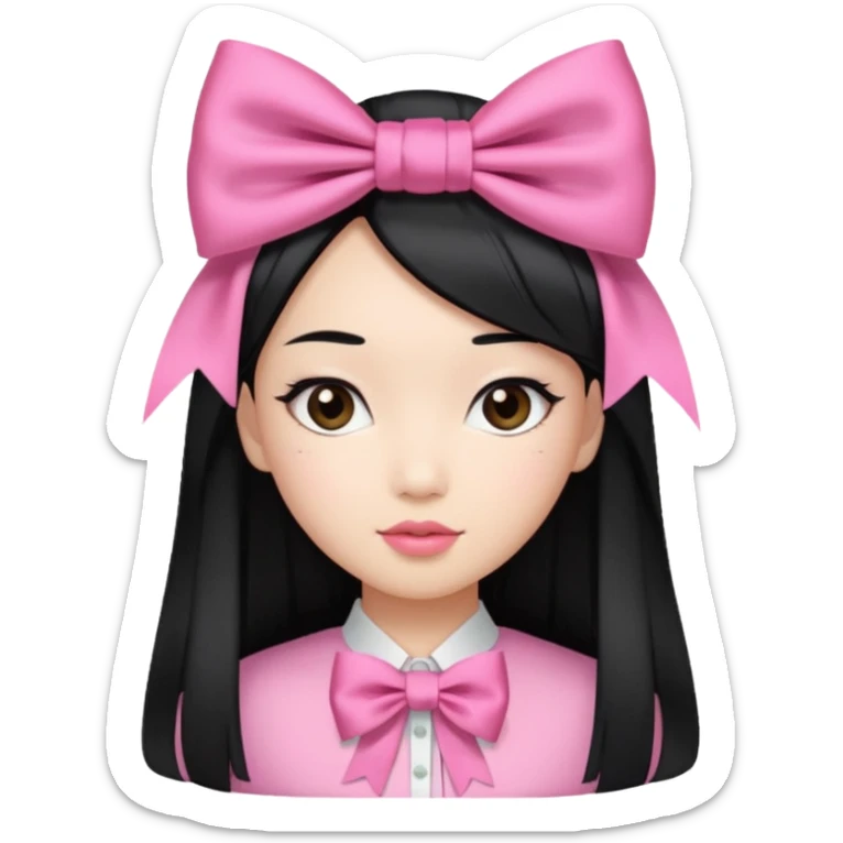 Asian girl with straight black hair and coquette bow on hair sticker