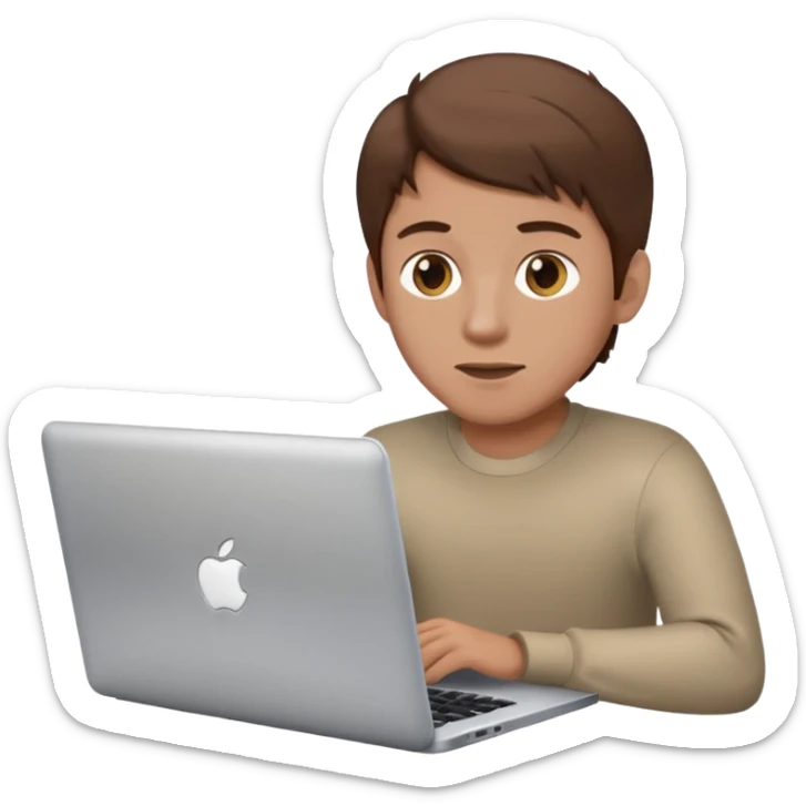 memoji of a man with a laptop in front, apple-style,modern,brown hair light skin ton and natural emotion sticker