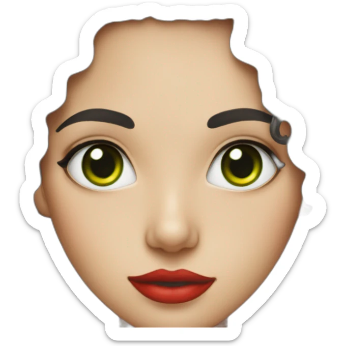 Portrait photo of a young woman with long black curly hair, green eyes, red lips, and fair skin sticker